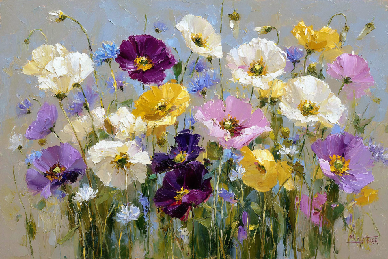 Buntes Gemälde Eines Strausses Im Impressionistischen Stil | Mohn  Pusteblume  Kornblume | Blumen