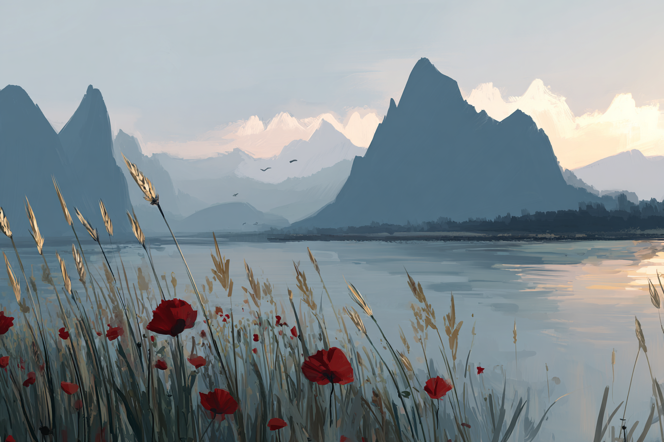 Morgennebel Über Rotem Feld Und Bergsee | Mohn  Pusteblume  Kornblume | Blumen