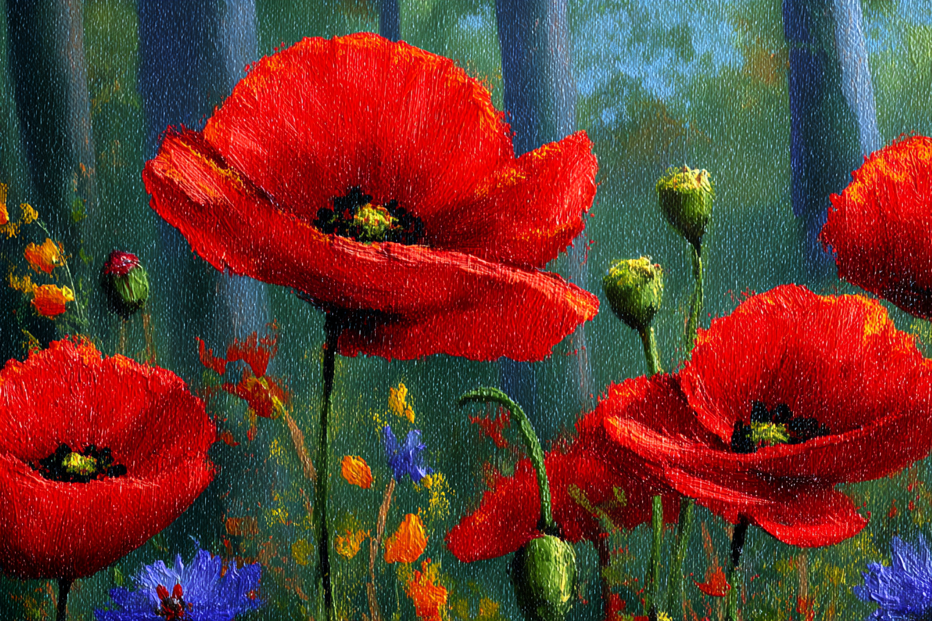 Roter Mohn Mit Wild Vor Grünem Hintergrund | Mohn  Pusteblume  Kornblume | Blumen