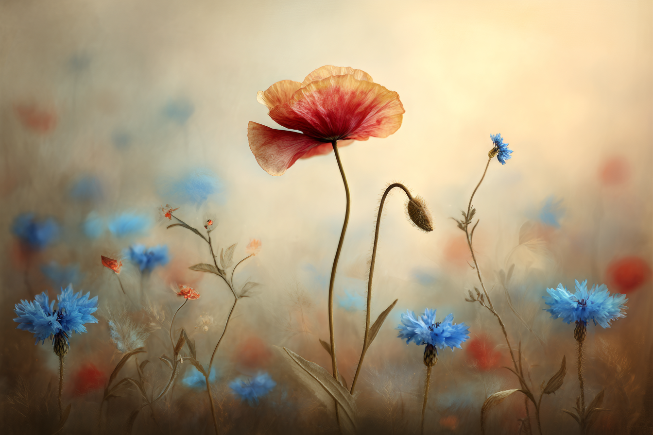 Sanfte Komposition Mit Rotem Mohn Und Blaün Im Traumhaften Hintergrund | Mohn  Pusteblume  Kornblume | Blumen