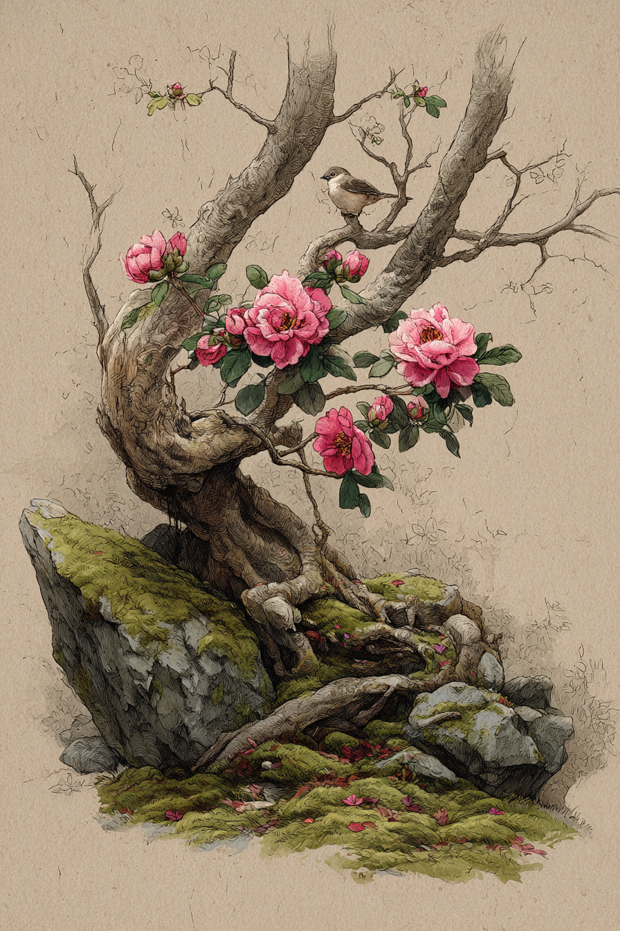 Botanische Illustrationen Baum Mit Rosafarbenen Blüten Einem Vögelchen Auf Moosbedeckten Felsen Vor Beigem Hintergrund | Orchideen  Anemonen  Pfingstrose | Blumen