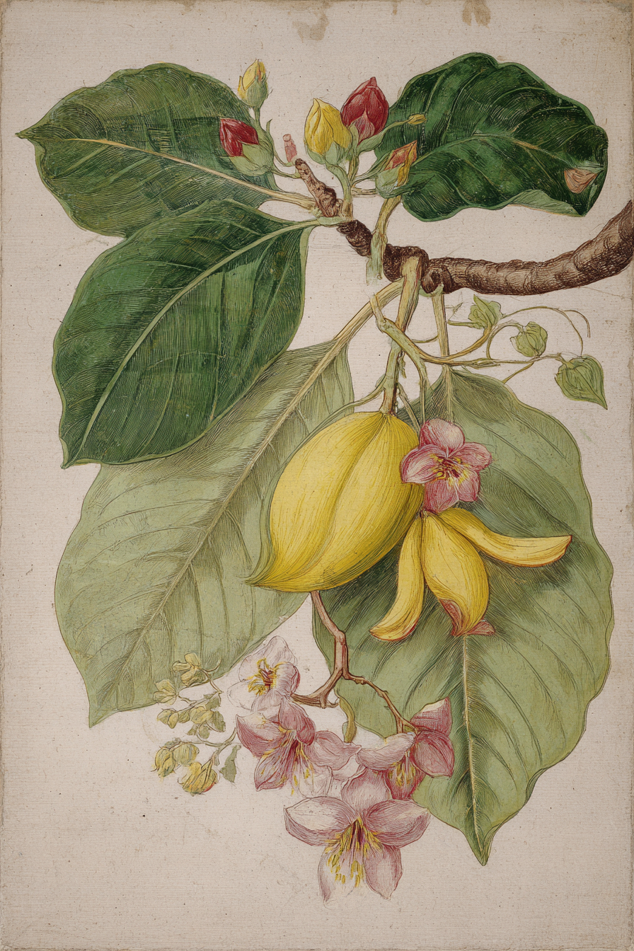 Botanische Illustrationen Botanische Illustration Grosse Grüne Blätter Gelbe Früchte Und Rosa | Orchideen  Anemonen  Pfingstrose | Blumen