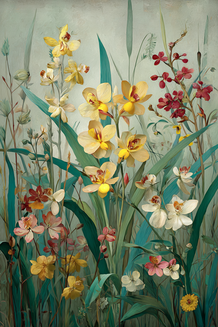 Botanische Illustrationen Bunte Orchideen Und Bunte Anordnung Mit Weicher Textur | Orchideen  Anemonen  Pfingstrose | Blumen