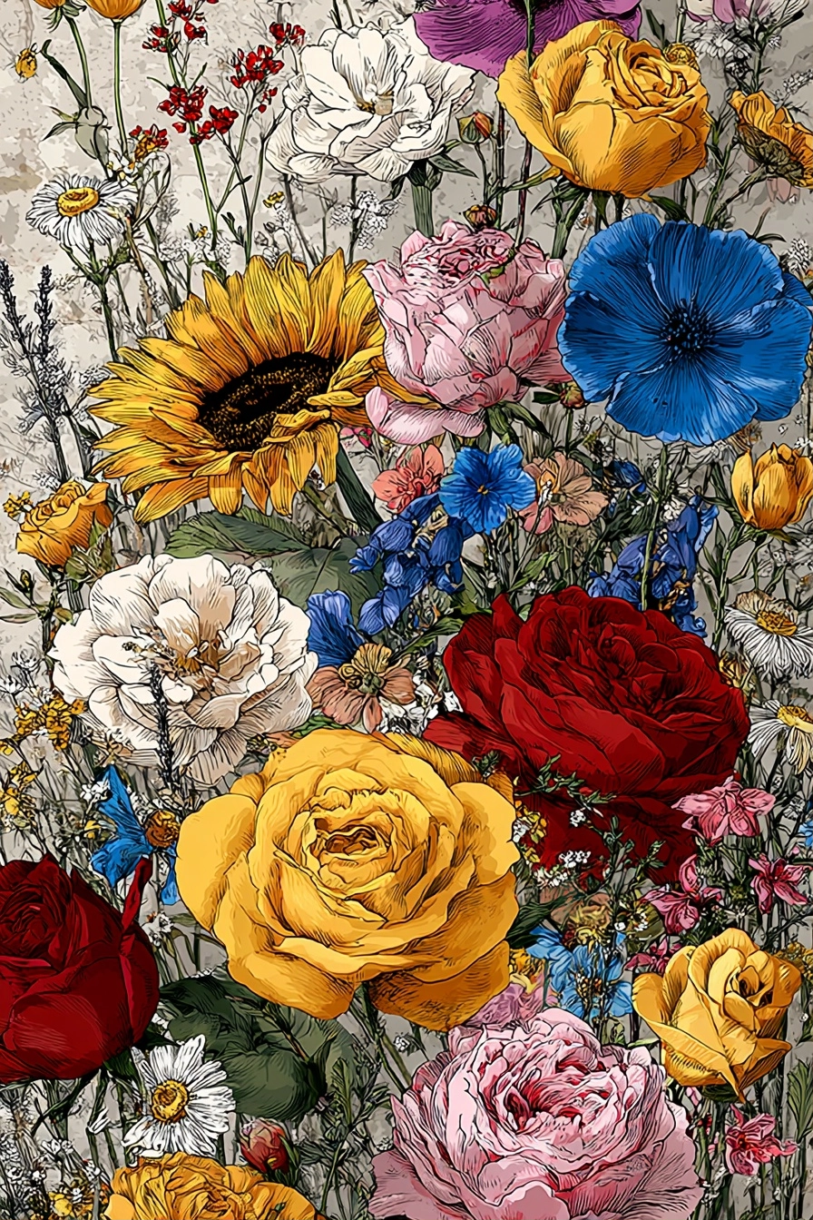 Botanische Illustrationen Bunte Vielfalt Mit Rosen Sonnen Und Anderen | Orchideen  Anemonen  Pfingstrose | Blumen