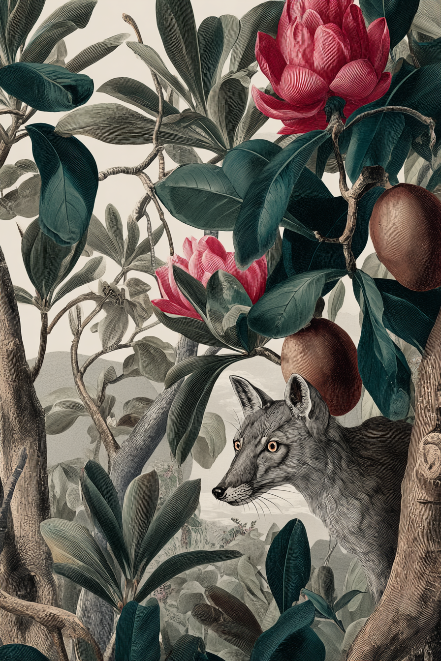 Botanische Illustrationen Fuchs Im Blätterdschungel Mit Rosa Blüten | Orchideen  Anemonen  Pfingstrose | Blumen