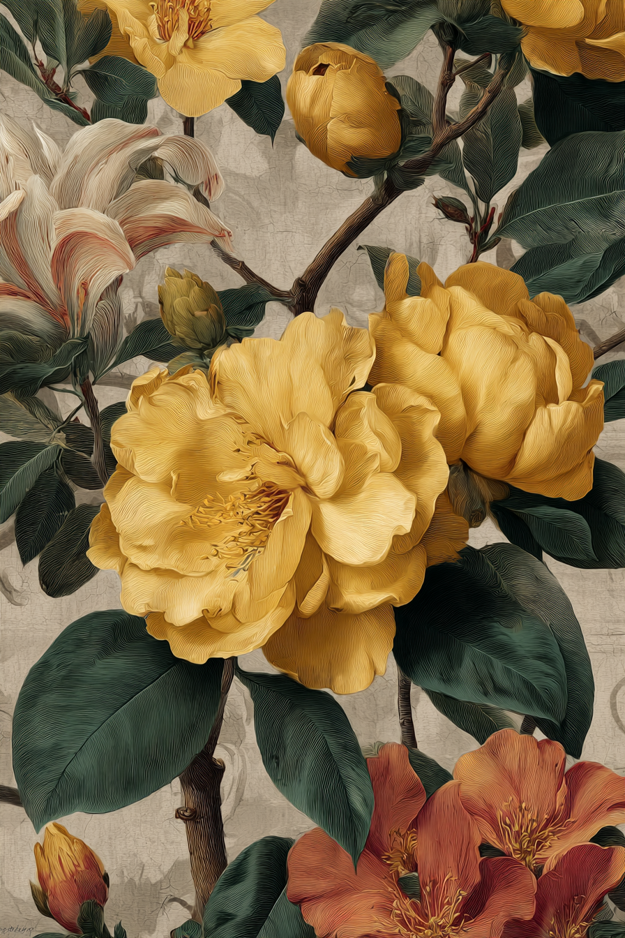 Botanische Illustrationen Gelbe Mit Orangen Akzenten Und Grünen Blättern | Orchideen  Anemonen  Pfingstrose | Blumen
