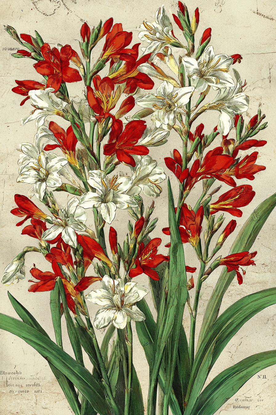 Botanische Illustrationen Illustration Rote Und Weisse Blüten Mit Grünen Blättern | Orchideen  Anemonen  Pfingstrose | Blumen