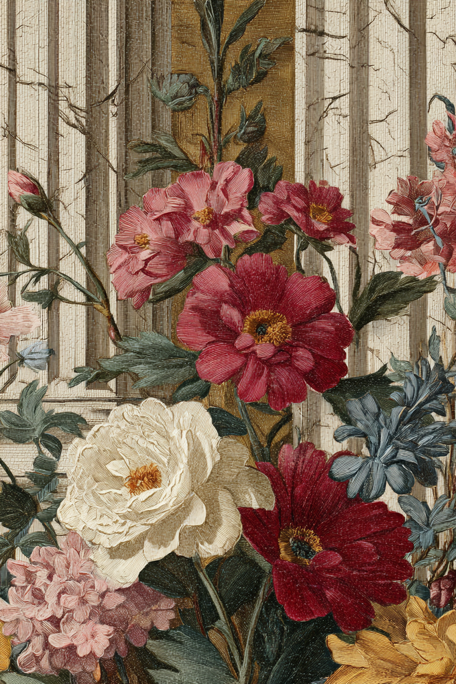 Botanische Illustrationen Muster Rote Rosa Und Weisse Vor Vertikaler Gestreifter Textur | Orchideen  Anemonen  Pfingstrose | Blumen