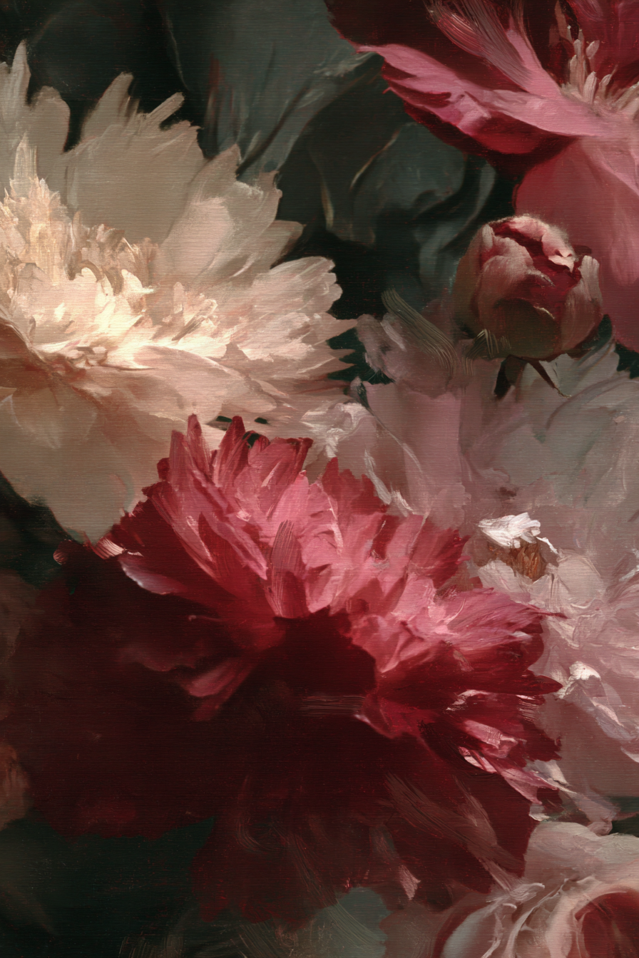 Orchideen Anemonen Pfingstrose Nahaufnahme Eines Gemalten Gemäldes Mit Weissen Und Rosa Blüten | Orchideen  Anemonen  Pfingstrose | Blumen