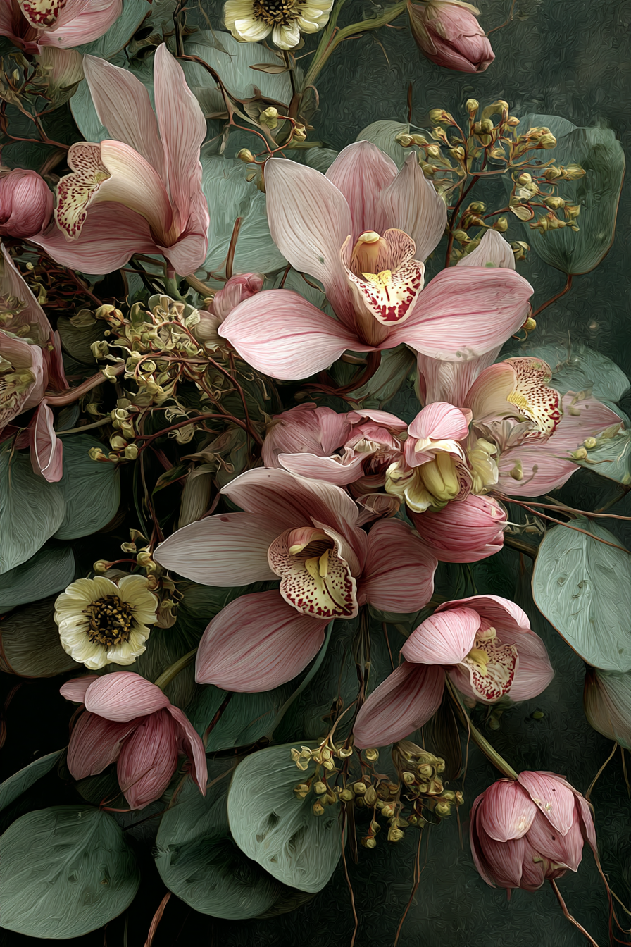 Orchideen Anemonen Pfingstrose Rosa Orchideen Und Zarte Details Vor Strukturiertem Hintergrund | Orchideen  Anemonen  Pfingstrose | Blumen