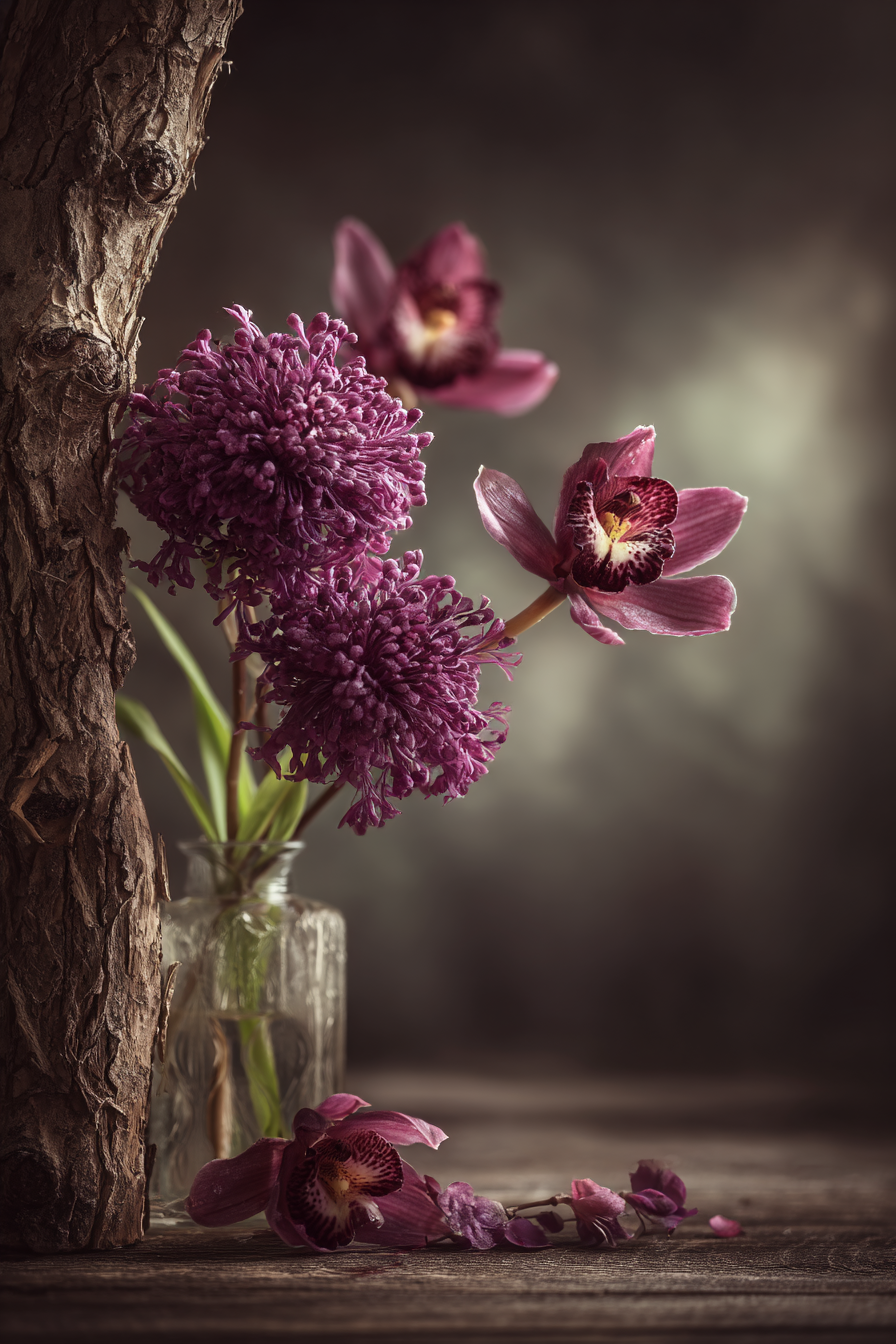 Orchideen Anemonen Pfingstrose Stilleben Mit Lila Orchideen In Glasvase Und Rustikalem Holzelement | Orchideen  Anemonen  Pfingstrose | Blumen