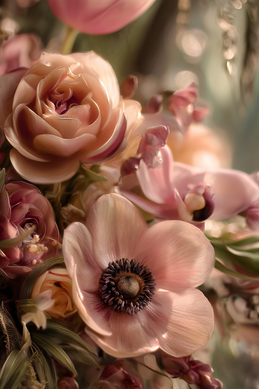 Orchideen Anemonen Pfingstrose Zarte Komposition In Zarten Rosatönen | Orchideen  Anemonen  Pfingstrose | Blumen