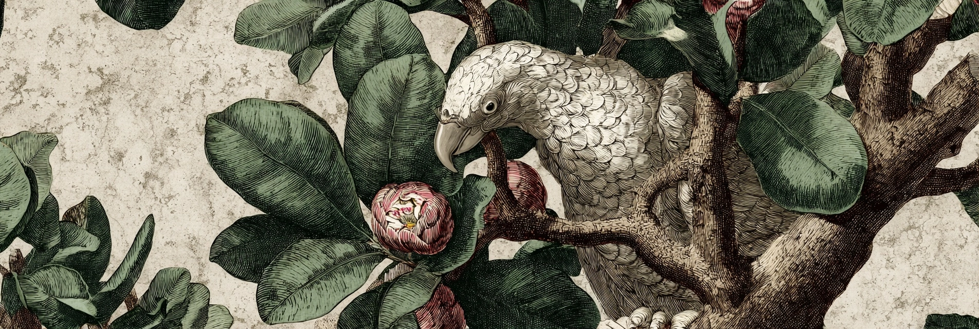 Botanische Illustrationen Papagei Unter Grünen Blättern Und Knospe | Orchideen  Anemonen  Pfingstrose | Blumen
