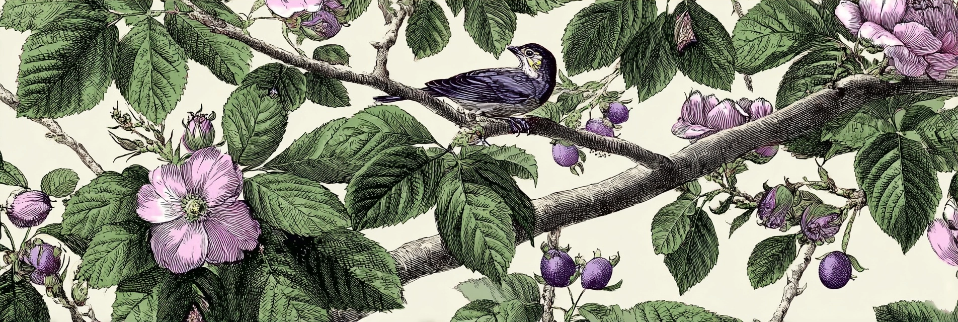 Botanische Illustrationen Vogel Sitzt Auf Zweig Mit Grünen Blättern Rosa Und Lila Früchten | Orchideen  Anemonen  Pfingstrose | Blumen