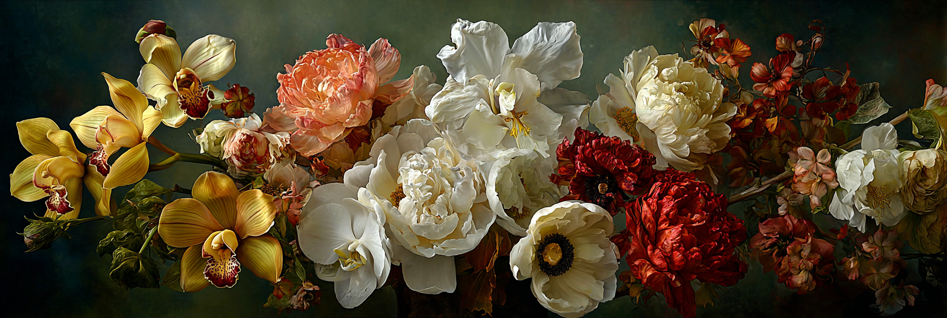 Orchideen Anemonen Pfingstrose Prächtiger Bunter Strauss Mit Orchideen Pfingstrosen Und Anemonen Vor Dunklem Hintergrund | Orchideen  Anemonen  Pfingstrose | Blumen