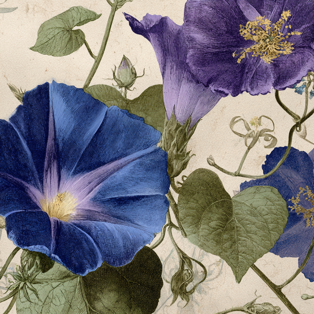 Botanische Illustrationen Blaü Und Lila Blüten Der Prunkwinde Auf Strukturiertem Hintergrund | Orchideen  Anemonen  Pfingstrose | Blumen