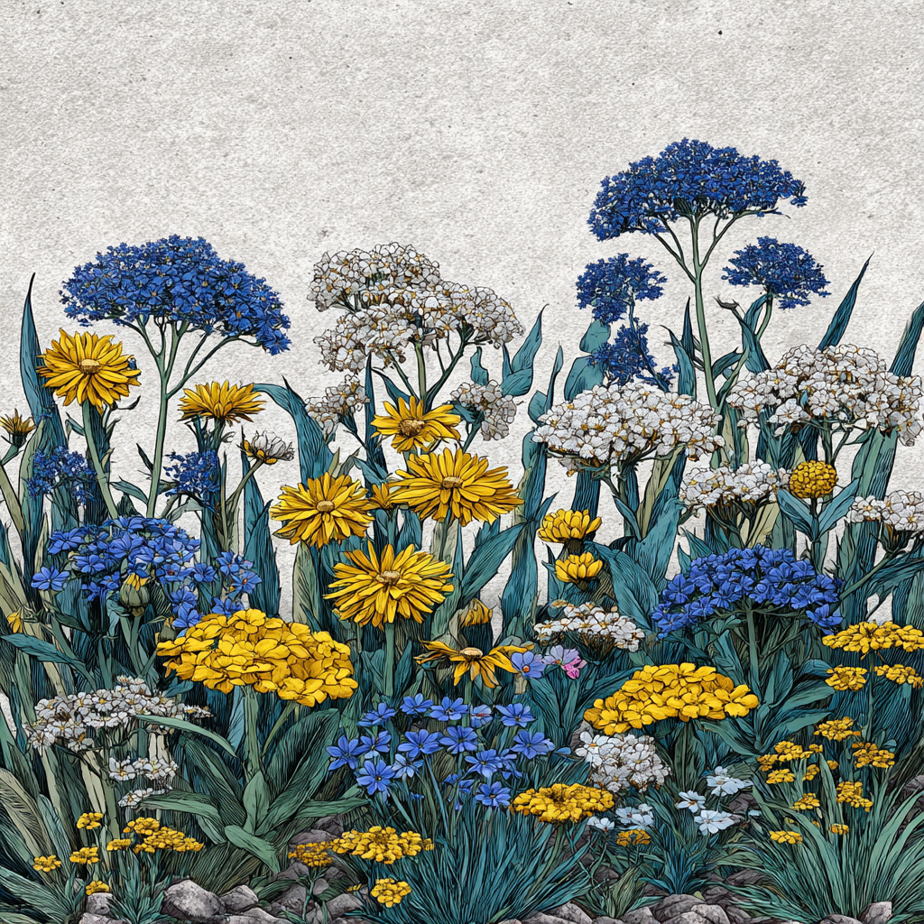 Botanische Illustrationen Bunte Palette In Blau Und Gelb Mit Grünen Blättern | Orchideen  Anemonen  Pfingstrose | Blumen