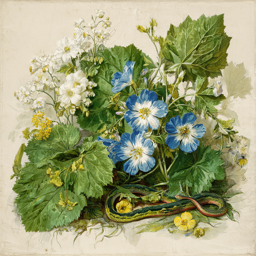 Botanische Illustrationen Florales Gemälde Mit Blaün Und Weissen Grünen Blättern Und Schlange | Orchideen  Anemonen  Pfingstrose | Blumen