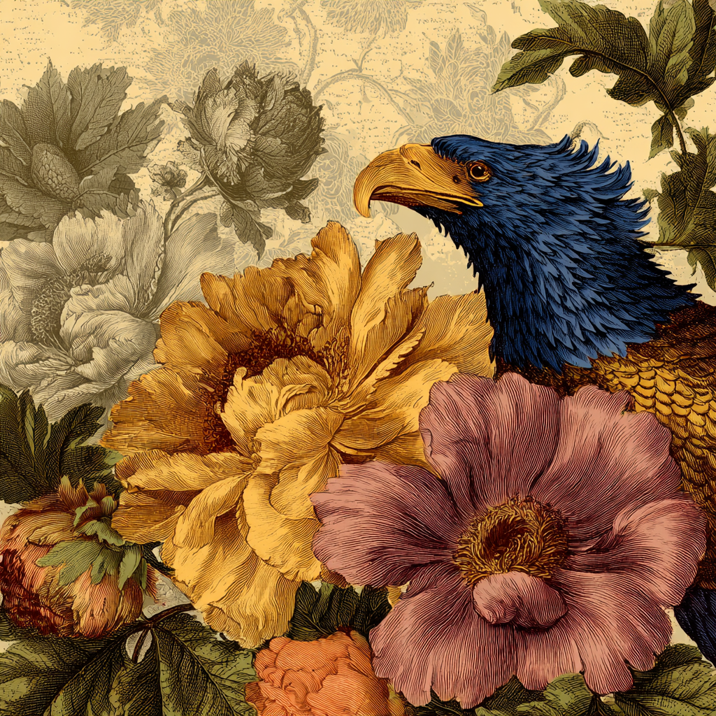 Botanische Illustrationen Kunstvoller Adler Umgeben Von Bunten Und Verzierten Mustern | Orchideen  Anemonen  Pfingstrose | Blumen