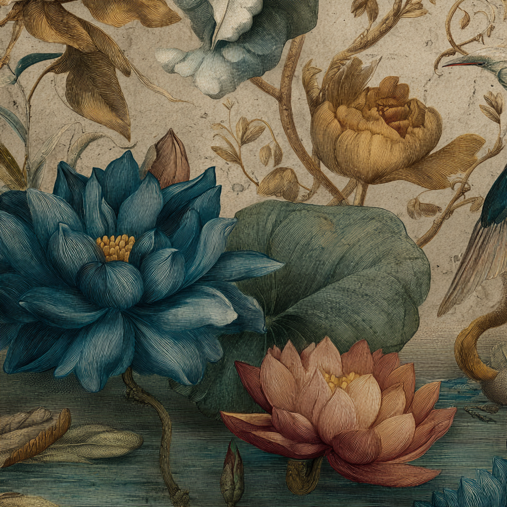 Botanische Illustrationen Stilvolle Lotusblüten Mit Blättern Und Texturiertem Hintergrund | Orchideen  Anemonen  Pfingstrose | Blumen