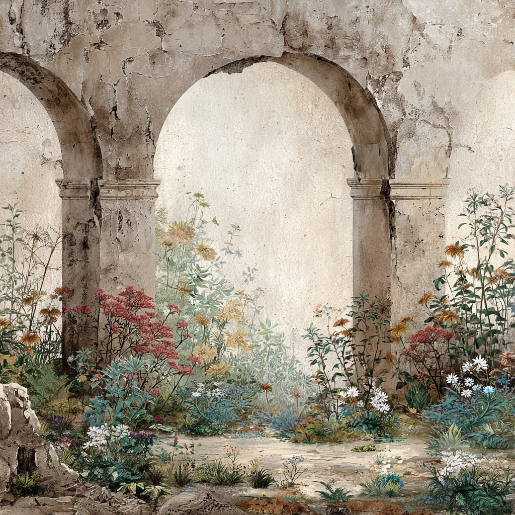 Botanische Illustrationen Verfallene Steinbögen Umgeben Von Wilden Und Grünen Pflanzen | Orchideen  Anemonen  Pfingstrose | Blumen