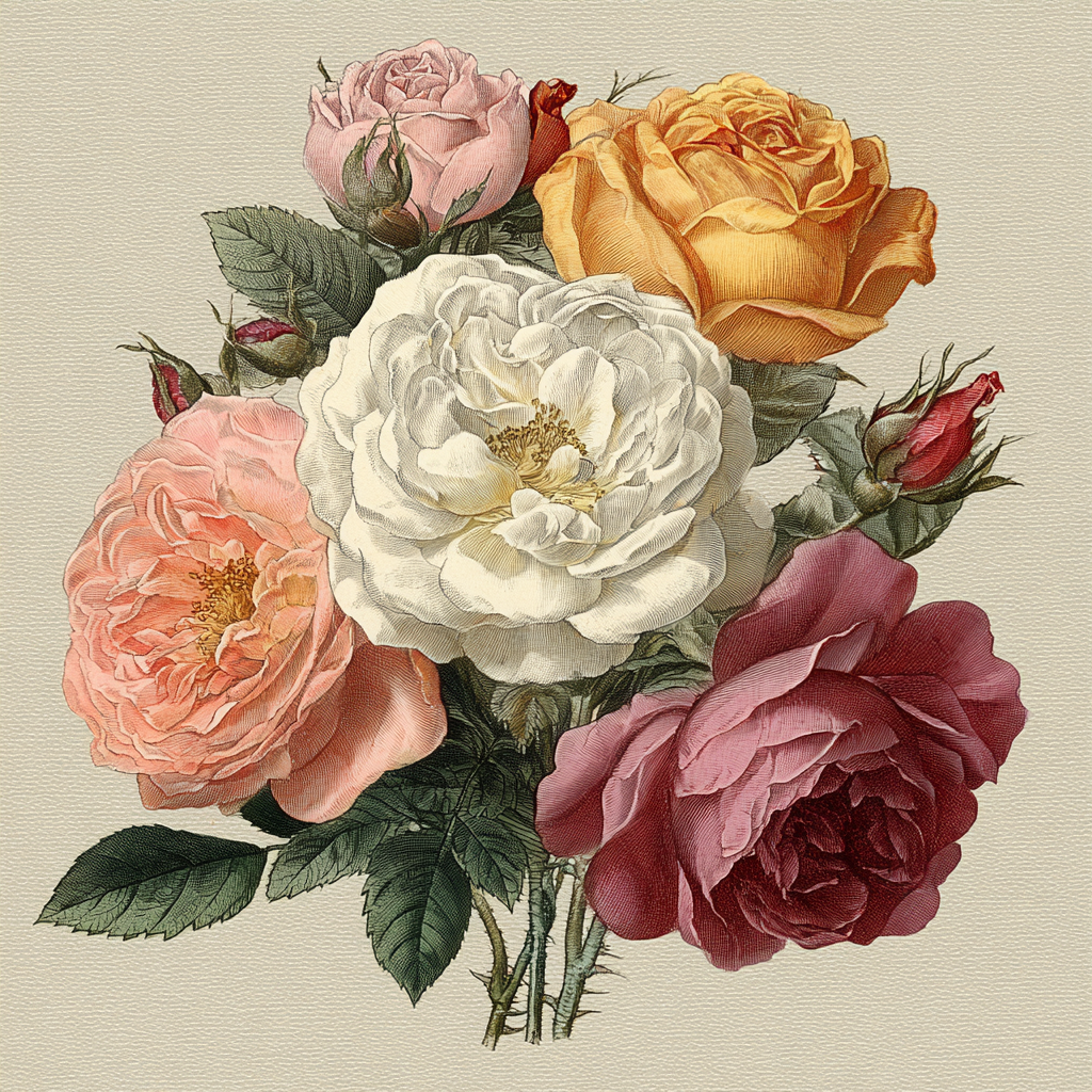 Botanische Illustrationen Vintage Botanische Rosenillustration In Rosa Weiss Gelb Und Tiefrot | Orchideen  Anemonen  Pfingstrose | Blumen
