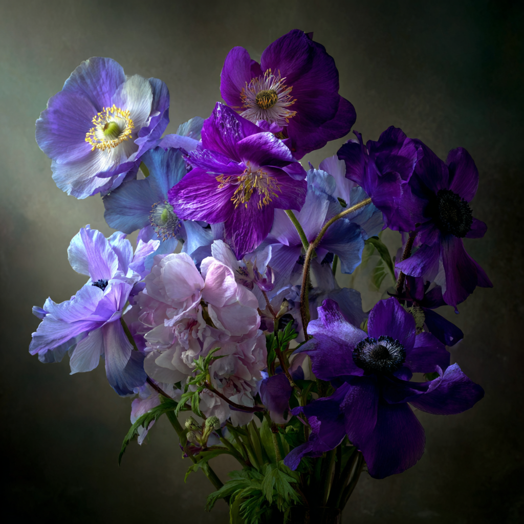 Orchideen Anemonen Pfingstrose Lila Blaü Anordnung Mit Anemonen Und Pfingstrosen | Orchideen  Anemonen  Pfingstrose | Blumen