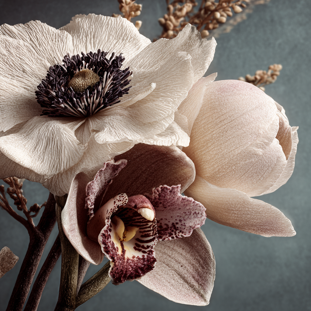 Orchideen Anemonen Pfingstrose Nahaufnahme Mit Zarter Knospe Und Orchidee Vor Dezentem Hintergrund Dunklem Zentrum | Orchideen  Anemonen  Pfingstrose | Blumen