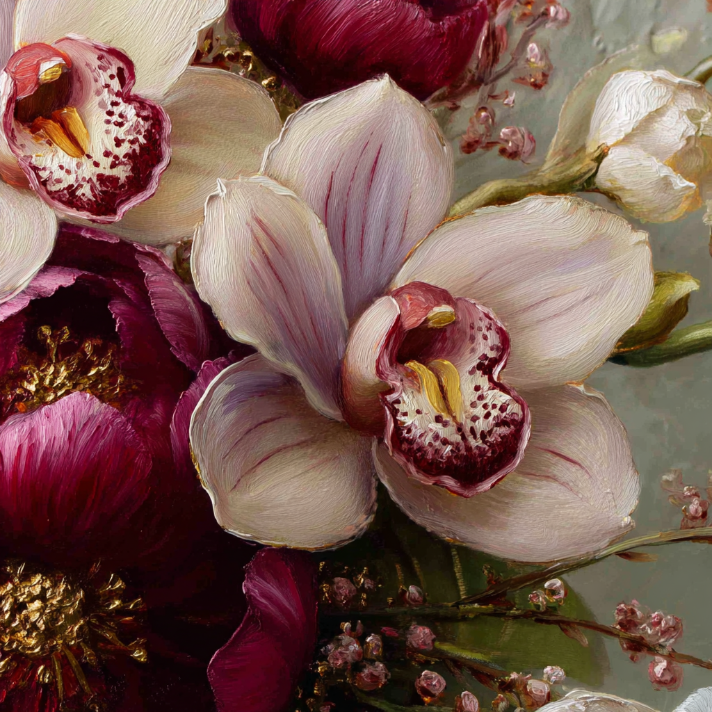 Orchideen Anemonen Pfingstrose Nahaufnahme Von Rosafarbigen Und Burgunderroten Orchideen Gemalde | Orchideen  Anemonen  Pfingstrose | Blumen