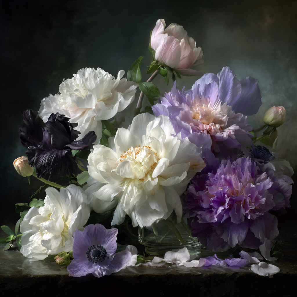 Orchideen Anemonen Pfingstrose Schöne Dekoration Aus Päonien Und Anemonen In Weiss Lila Und Schwarz | Orchideen  Anemonen  Pfingstrose | Blumen