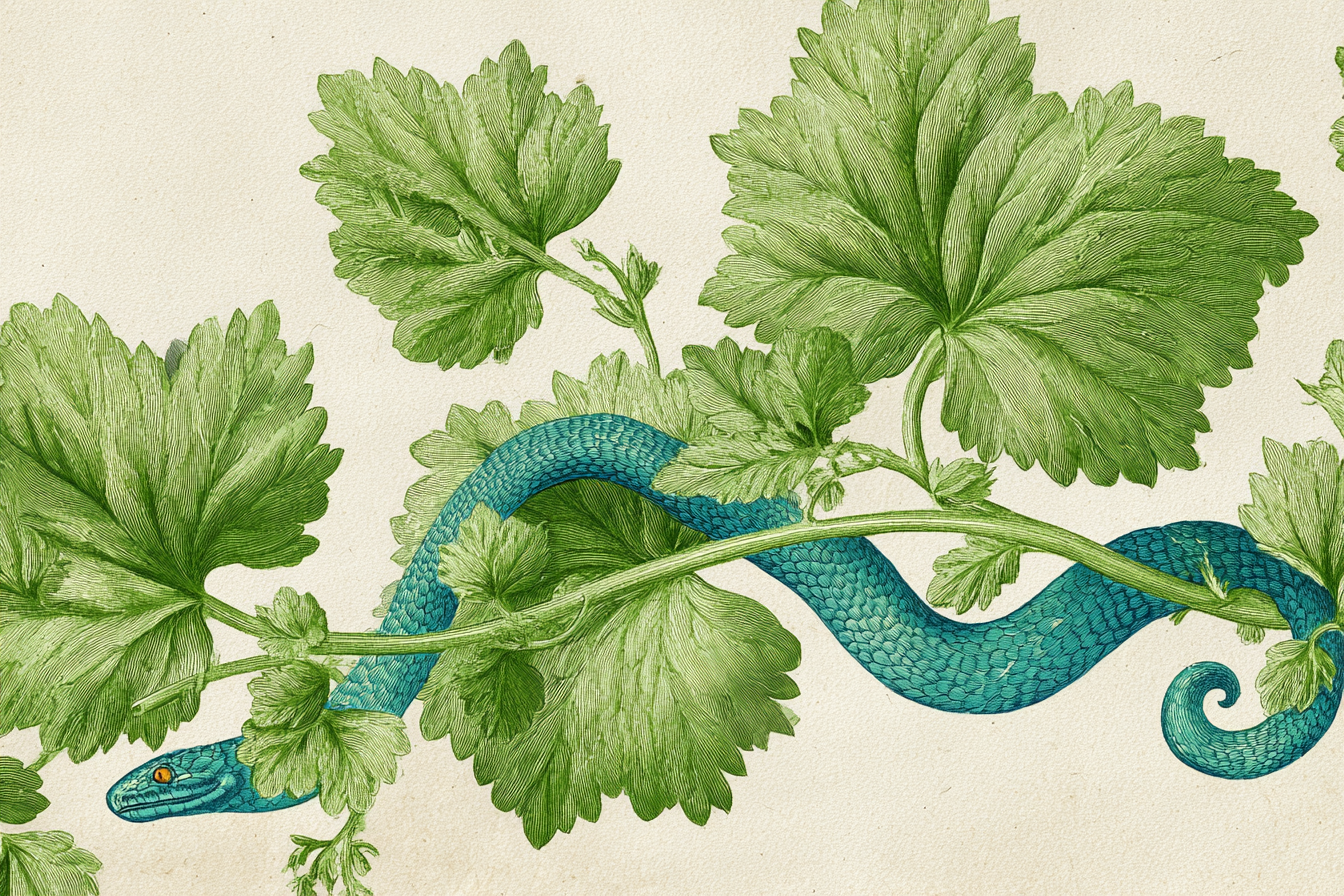 Botanische Illustrationen Blaü Schlange Im Grünen Gewächs | Orchideen  Anemonen  Pfingstrose | Blumen