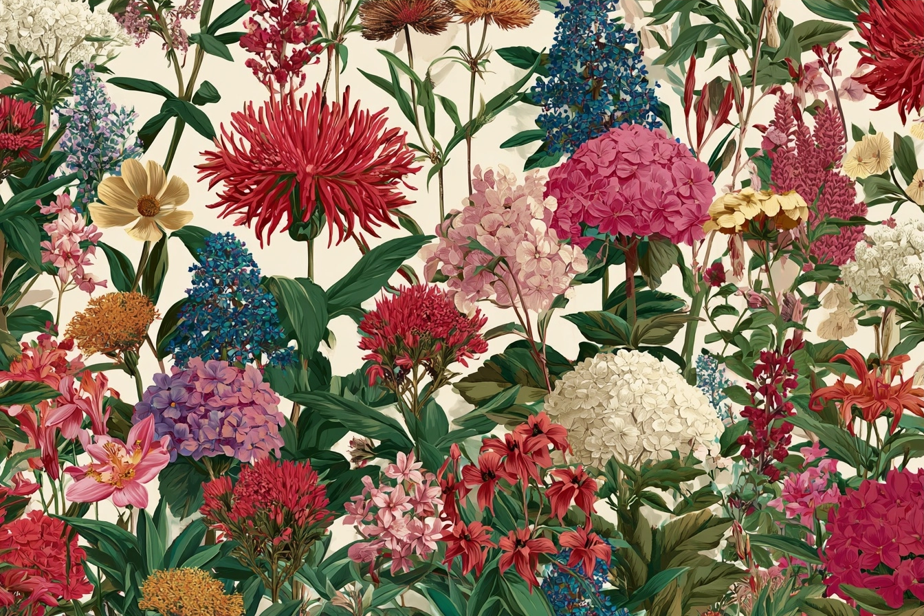 Botanische Illustrationen Buntes Florales Muster Mit Vielfältigen Blüten Und Grünen Blättern | Orchideen  Anemonen  Pfingstrose | Blumen