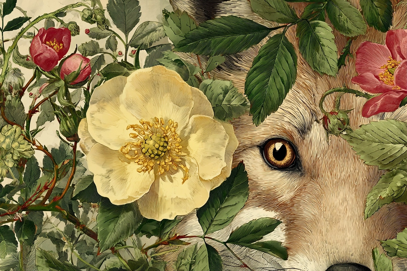 Botanische Illustrationen Fuchs Im Meer | Orchideen  Anemonen  Pfingstrose | Blumen
