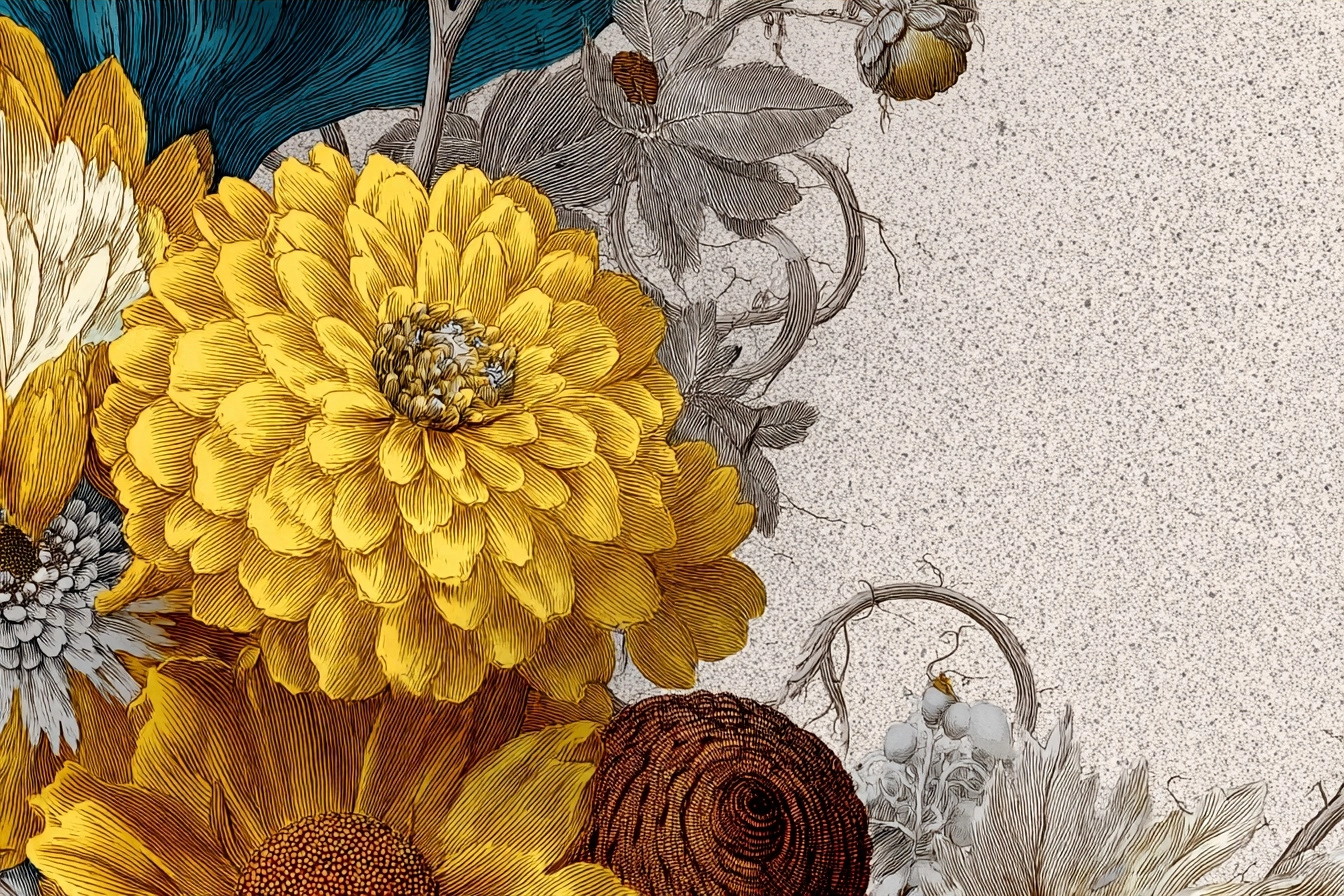 Botanische Illustrationen Gelbe Und Weisse Mit Filigranen Blättern Und Neutraler Hintergrundillustration | Orchideen  Anemonen  Pfingstrose | Blumen