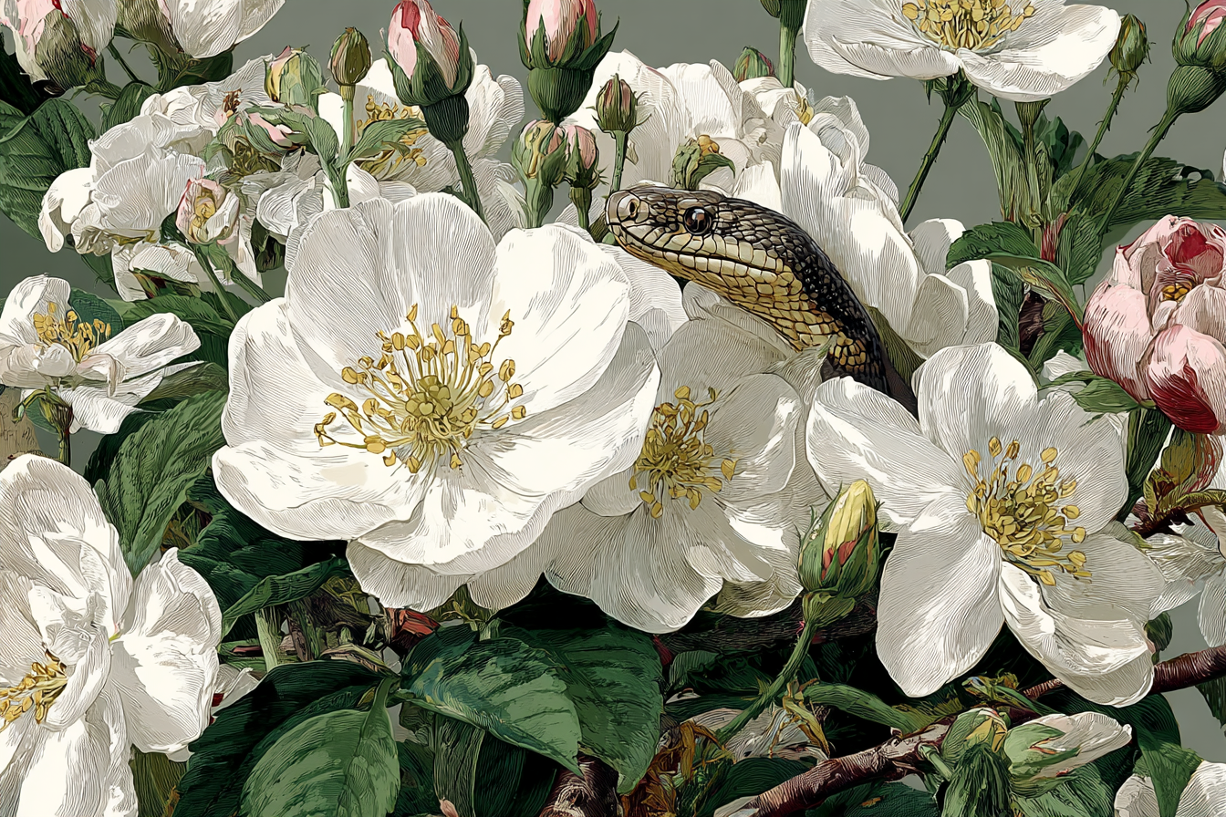Botanische Illustrationen Schlange Versteckt Sich Zwischen Weissen | Orchideen  Anemonen  Pfingstrose | Blumen