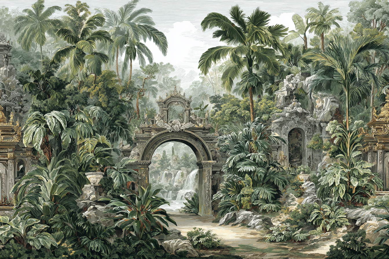 Botanische Illustrationen Tropische Paradieslandschaft Mit Palmen Und Architektur | Orchideen  Anemonen  Pfingstrose | Blumen