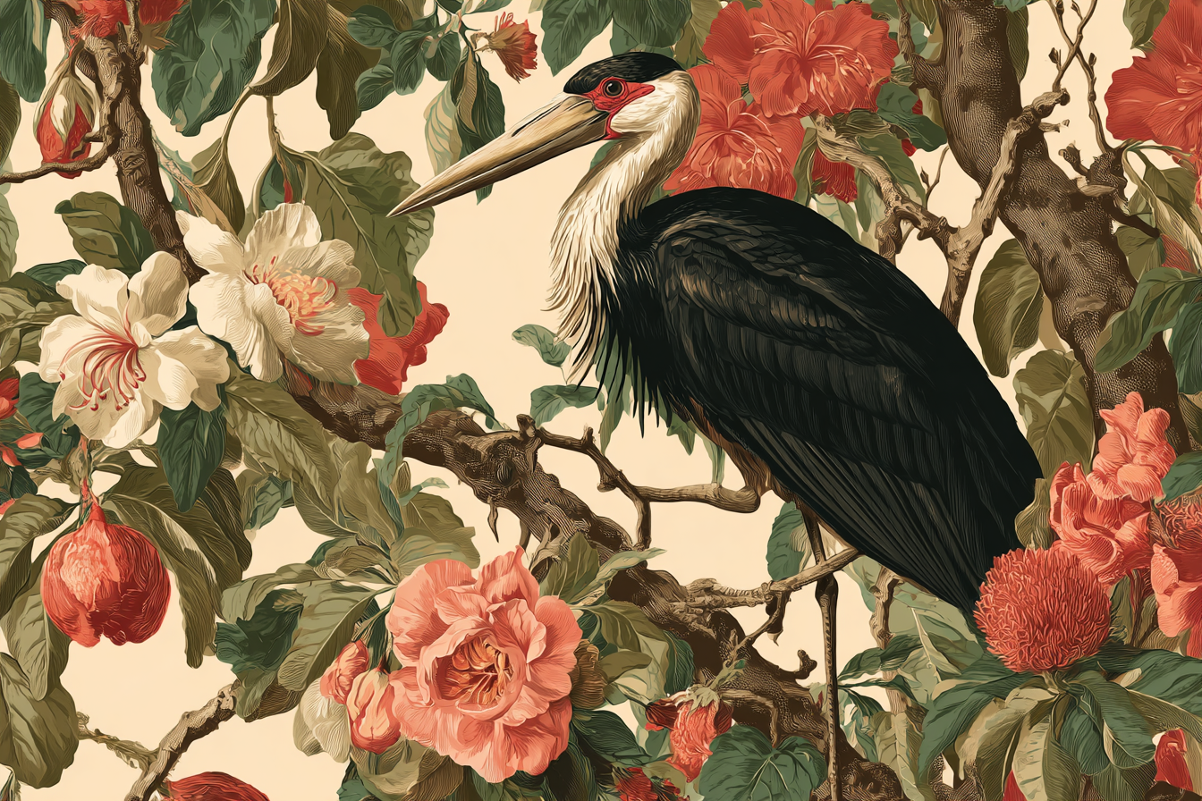 Botanische Illustrationen Vogel Mit Langem Schnabel Zwischen Farbenfrohen Und Grünem Laub | Orchideen  Anemonen  Pfingstrose | Blumen