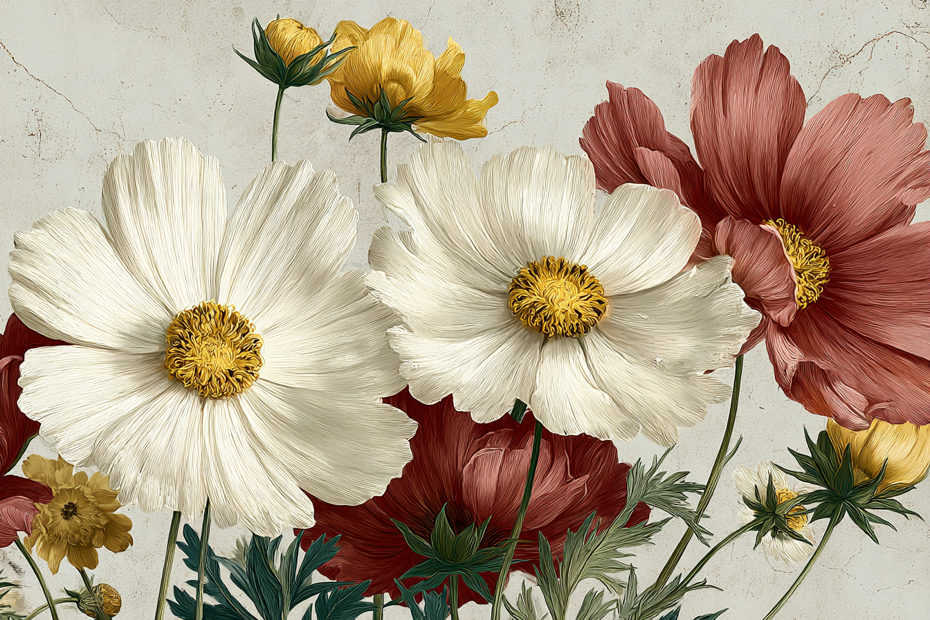 Botanische Illustrationen Wunderschone Komposition Mit Weissen Und Roten Blüten Und Kleinen Gelben Blümchen | Orchideen  Anemonen  Pfingstrose | Blumen