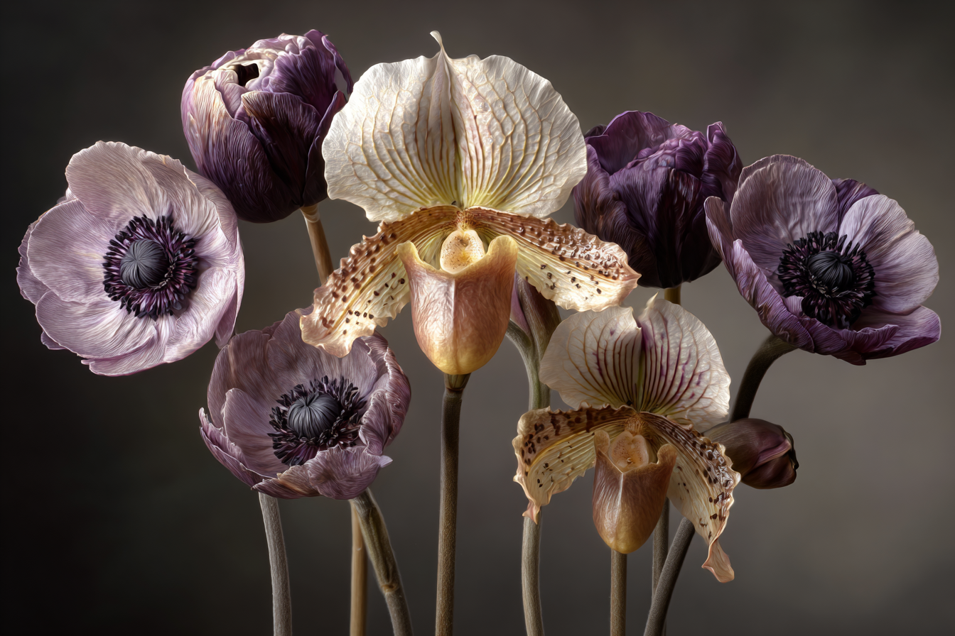 Orchideen Anemonen Pfingstrose Elegante Dekoration Mit Orchideen Und Mohn In Pastellfarben | Orchideen  Anemonen  Pfingstrose | Blumen