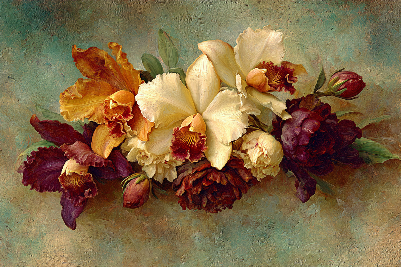 Orchideen Anemonen Pfingstrose Schöne Arrangement Mit Orchideen Und Pfingstrosen In Gelb Orange Purpurn Und Tiefrot | Orchideen  Anemonen  Pfingstrose | Blumen