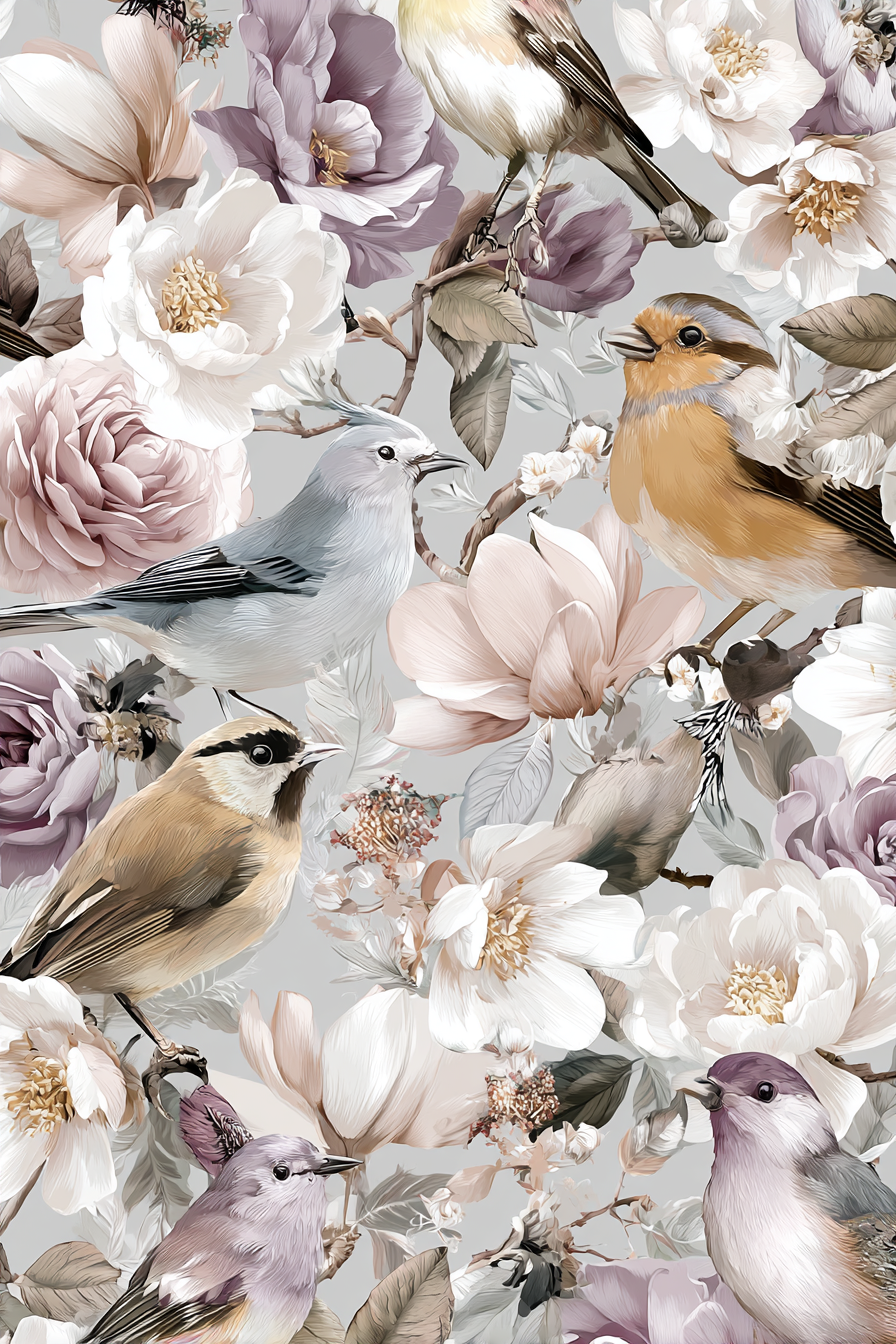 Florales Vogel Und Muster | Rosen Tulpen Lavendel | Blumen