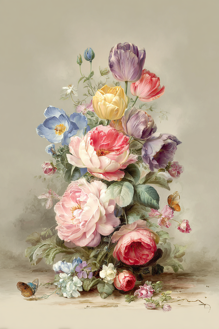 Kunstvoller Bunter Strauss Mit Schmetterlingen Saftigen Grünen Blättern Und Blüten | Rosen Tulpen Lavendel | Blumen