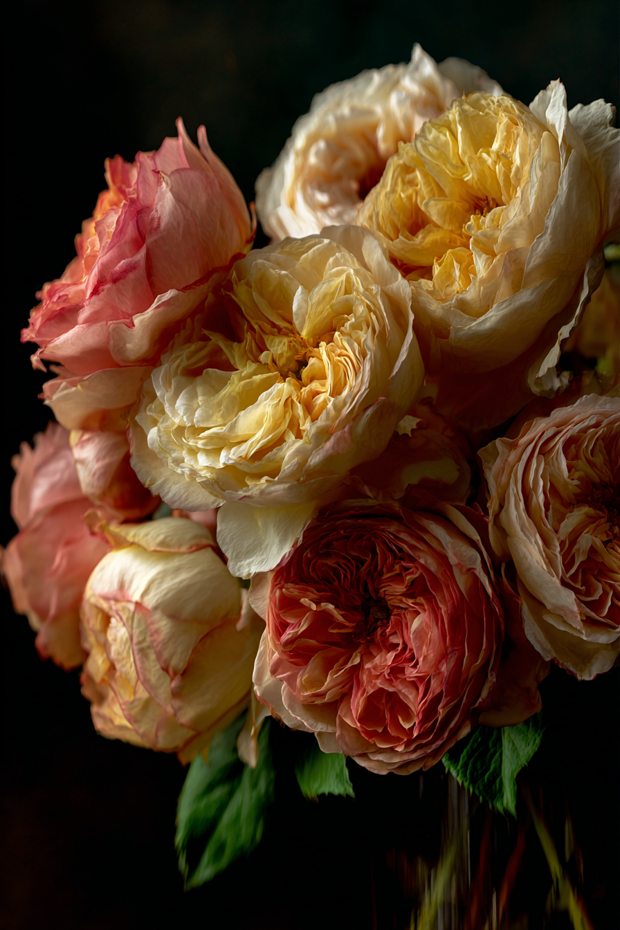 Nahaufnahme Eines Rosenstrausses In Pastellrosa Creme Und Gelb Auf Dunklem Hintergrund | Rosen Tulpen Lavendel | Blumen