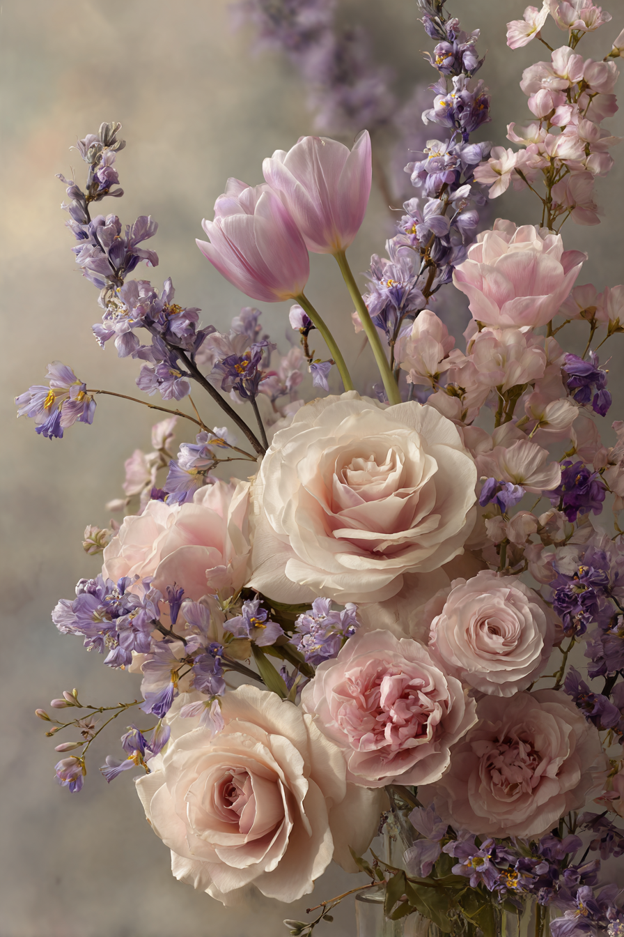 Pastell Stillleben Mit Rosen Und Tulpen Im Unschärfenhintergrund | Rosen Tulpen Lavendel | Blumen
