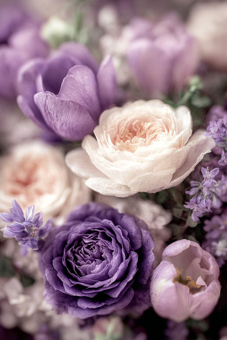 Romantische Anordnung In Pastelllila Mit Tulpen Und Zarten Blüten | Rosen Tulpen Lavendel | Blumen