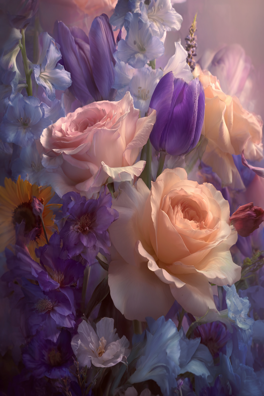 Romantische Florale Komposition Mit Pfirsichrosen Und Purpurtulpen | Rosen Tulpen Lavendel | Blumen