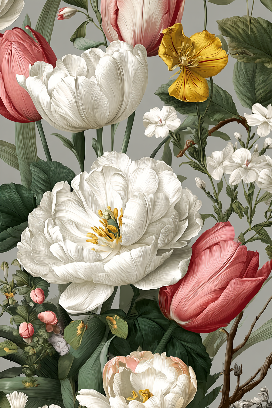 Schone Anordnung Mit Weissen Pfingstrosen Und Farbigen Tulpen Auf Graüm Hintergrund | Rosen Tulpen Lavendel | Blumen