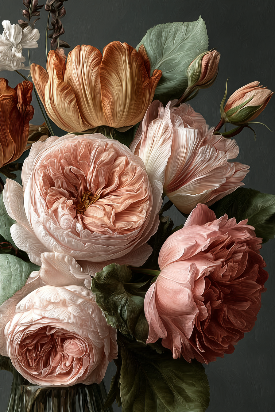 Warmes Rosen Und Tulpen Bouqüt Vor Dunklem Hintergrund | Rosen Tulpen Lavendel | Blumen