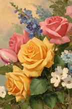 Wunderschöne Lebendige Gesteck Mit Rosen In Gelb Rosa Und Blüten Vor Hellem Hintergrund | Rosen Tulpen Lavendel | Blumen