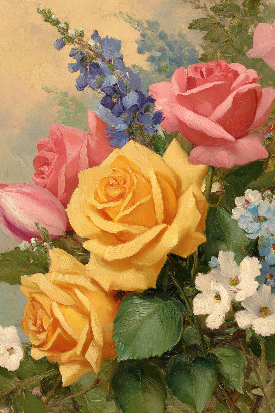 Wunderschöne Lebendige Gesteck Mit Rosen In Gelb Rosa Und Blüten Vor Hellem Hintergrund | Rosen Tulpen Lavendel | Blumen